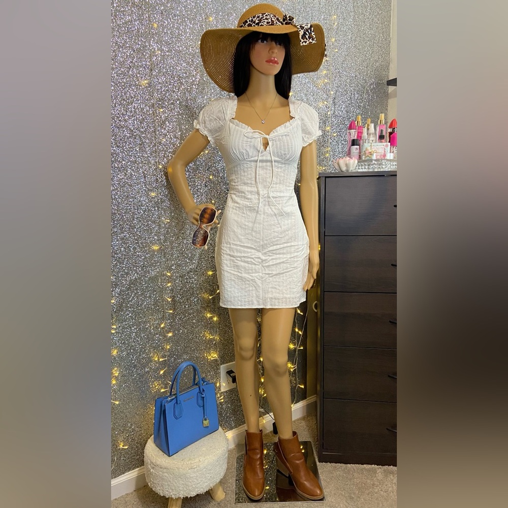 White Frill Trim Tie Front Crinkle Dress - Picture 5 of 8